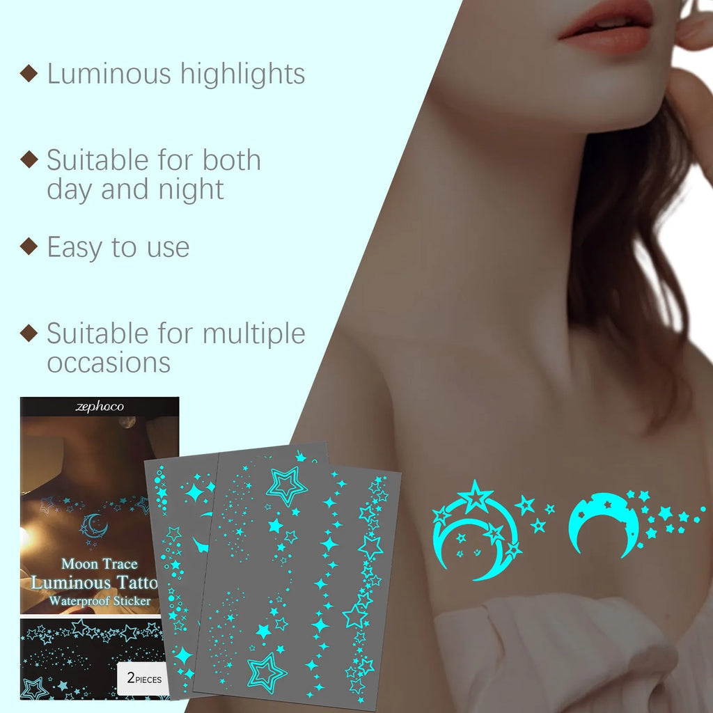 Two luminous tattoo stickers glowing under UV light for party and festival body art