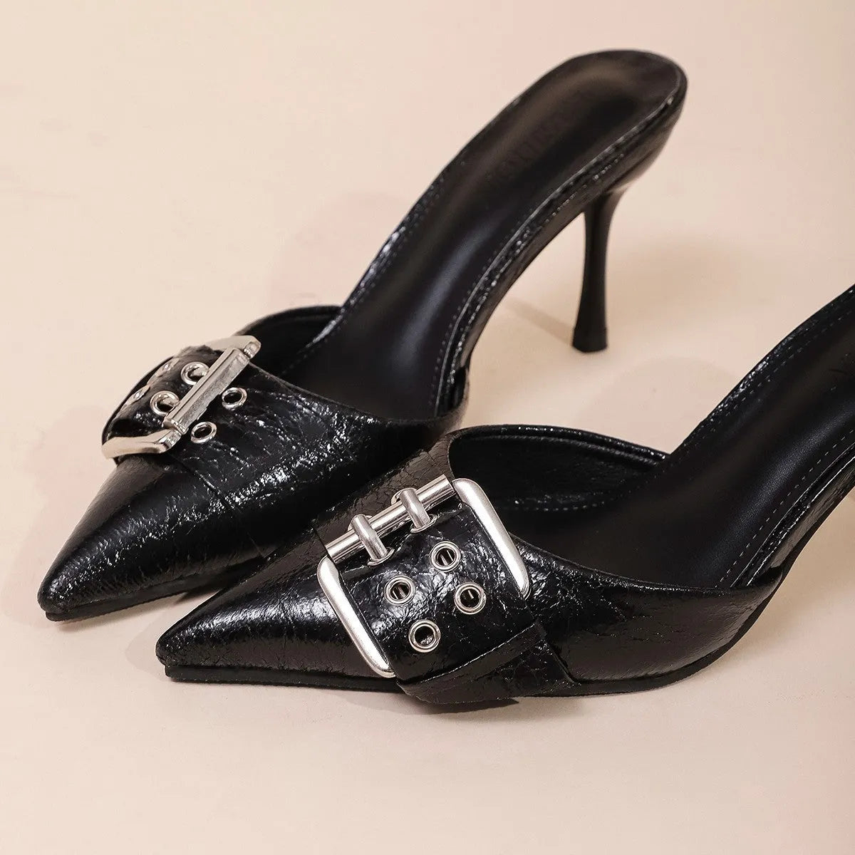 Black women's pointed toe high heels with ankle strap and buckle decoration
