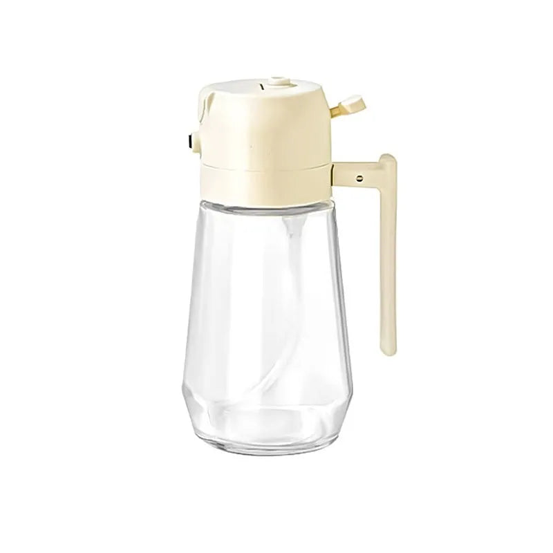 Glass olive oil sprayer and pour bottle with ergonomic handle in four colour options