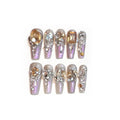 False nail patches with luxury rhinestone designs and phototherapy sealing layer in card packaging