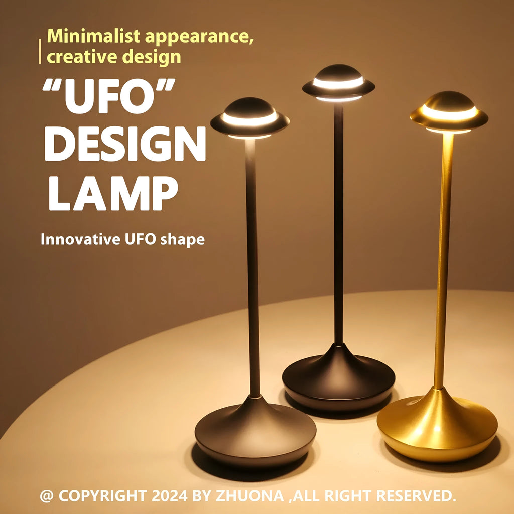 Rechargeable UFO table lamp in black with touch dimming controls