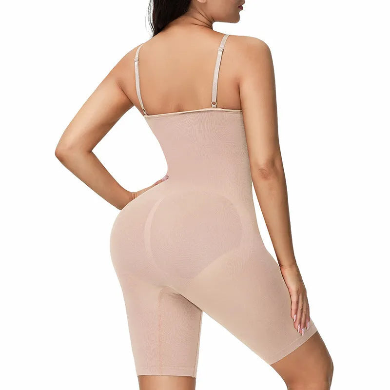 Body-shaping corset jumpsuit in black with seamless design, belly contracting, and chest support for full torso shaping