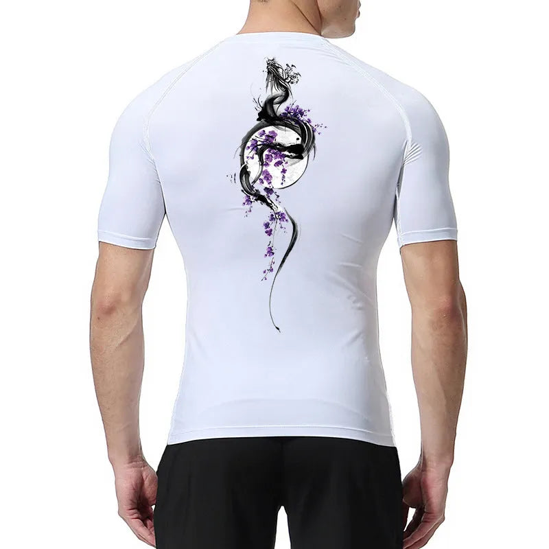 Men's short sleeve compression shirt with sword print design in loose fitting polyester blend fabric