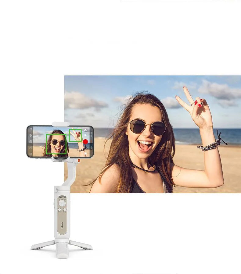 Black 3-axis mobile phone gimbal stabiliser shown in folded position