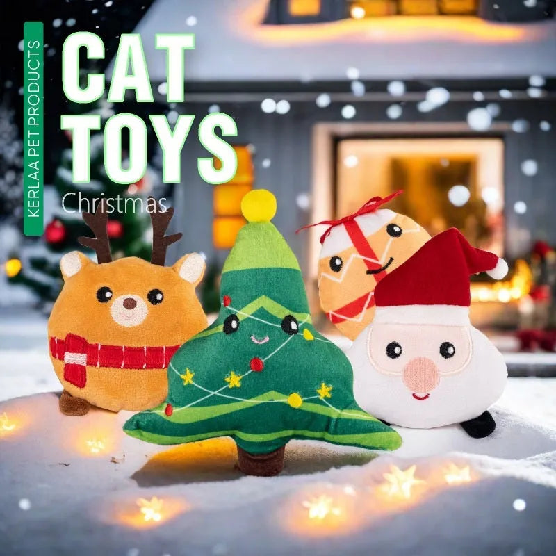 Christmas cat plush toy with catnip in festive design options including elk, tree, Santa and egg motifs
