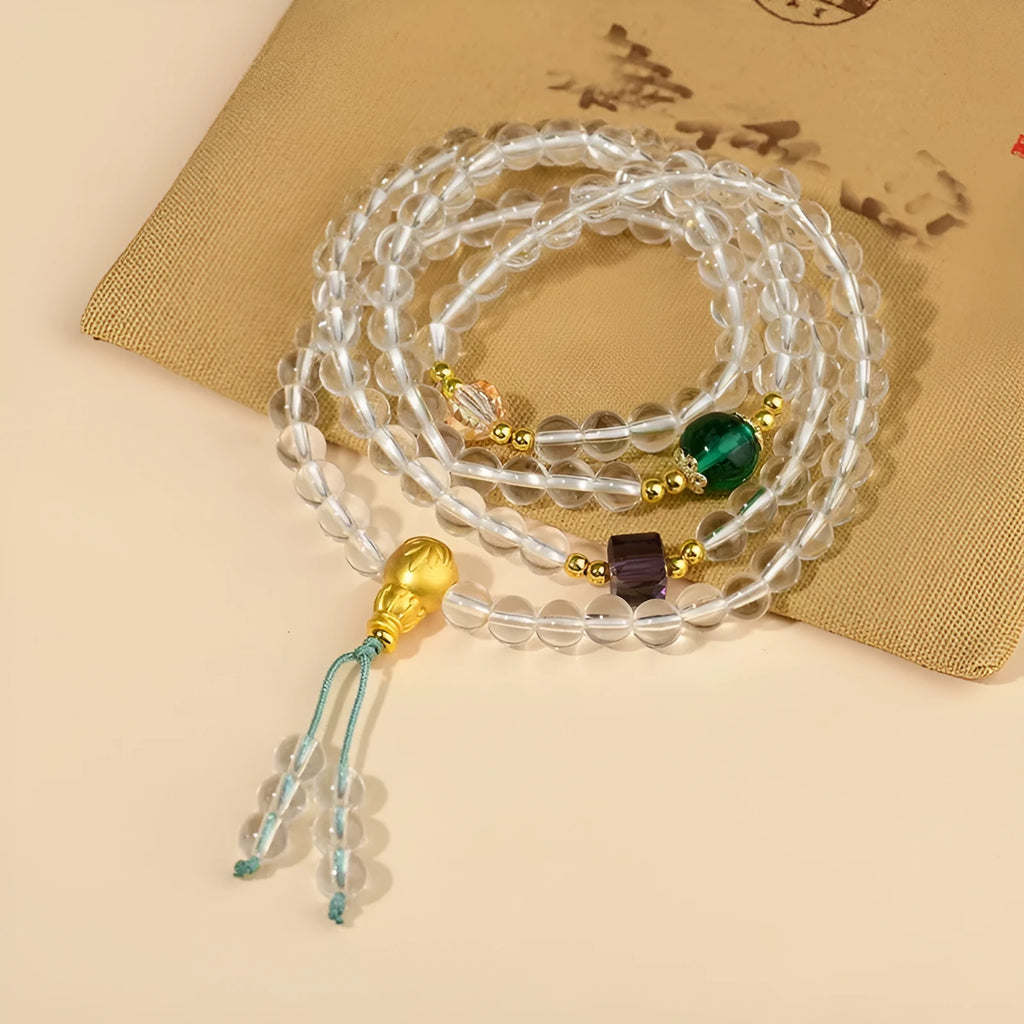 White crystal 108-bead rosary bracelet necklace with geometric beads and ethnic styling