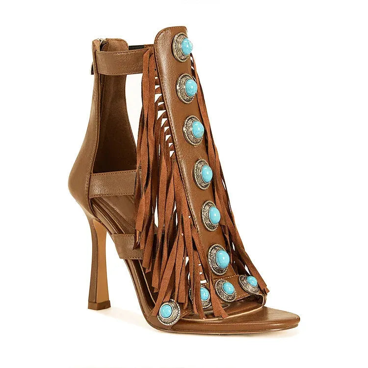 Women's brown round toe hollow tassel sandals with back zipper and super high heel over 8cm