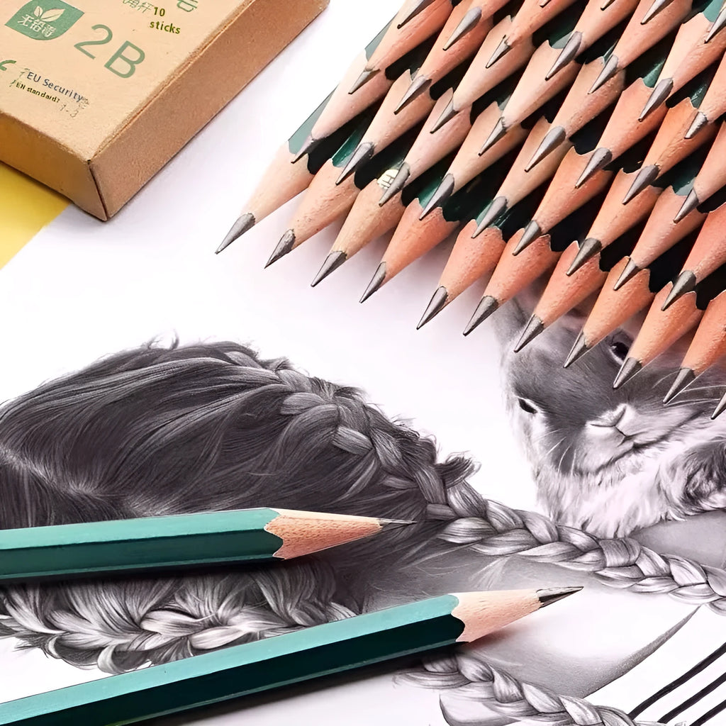 Box of 10 green six-angle wooden pencils with HB and 2B graphite grades for sketching and writing.