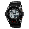 Electronic sports watch with round dial and plastic strap in camouflage green colour, showing GMT and 24-hour displays