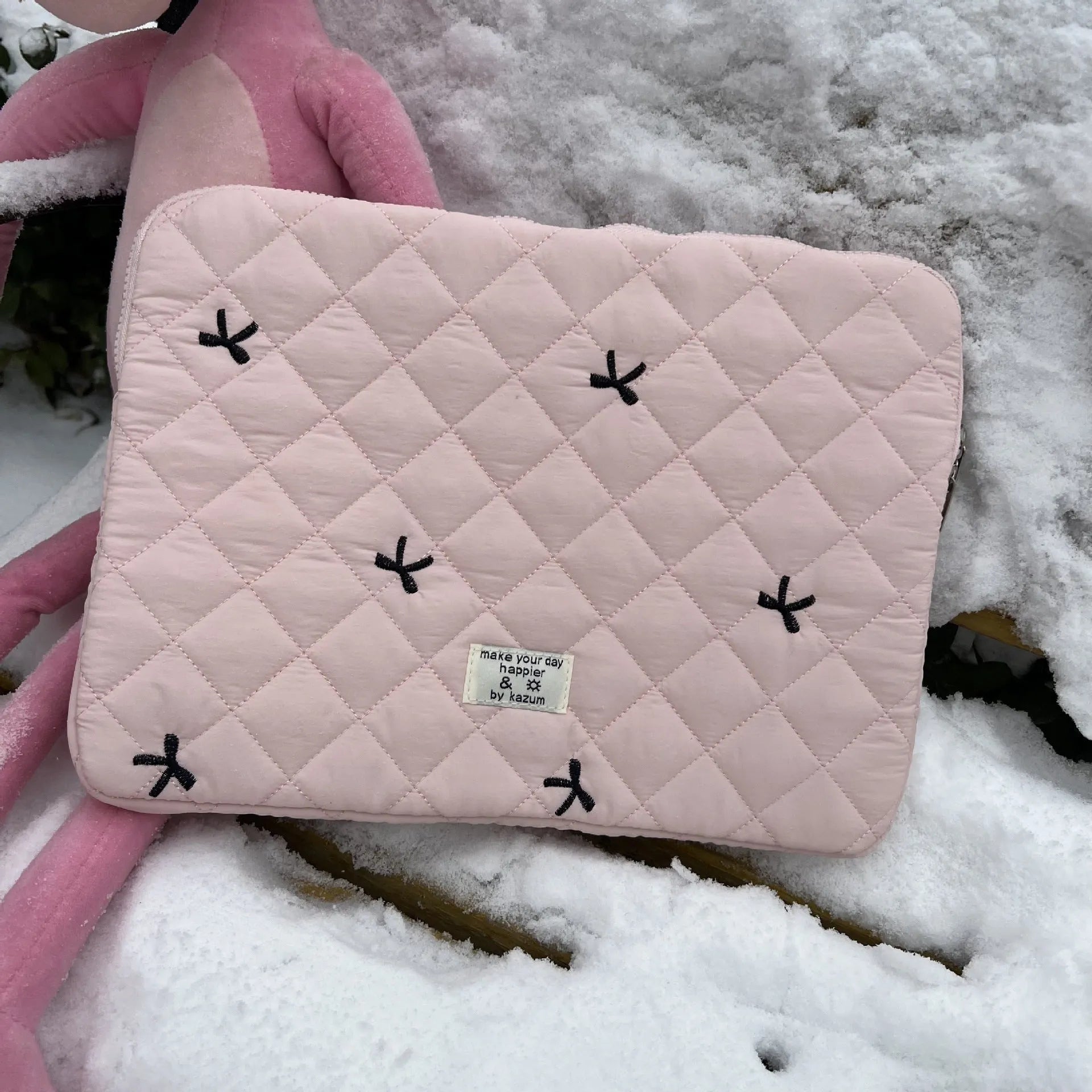 Nylon laptop storage bag with embroidered rhombus bow design in multiple colour options