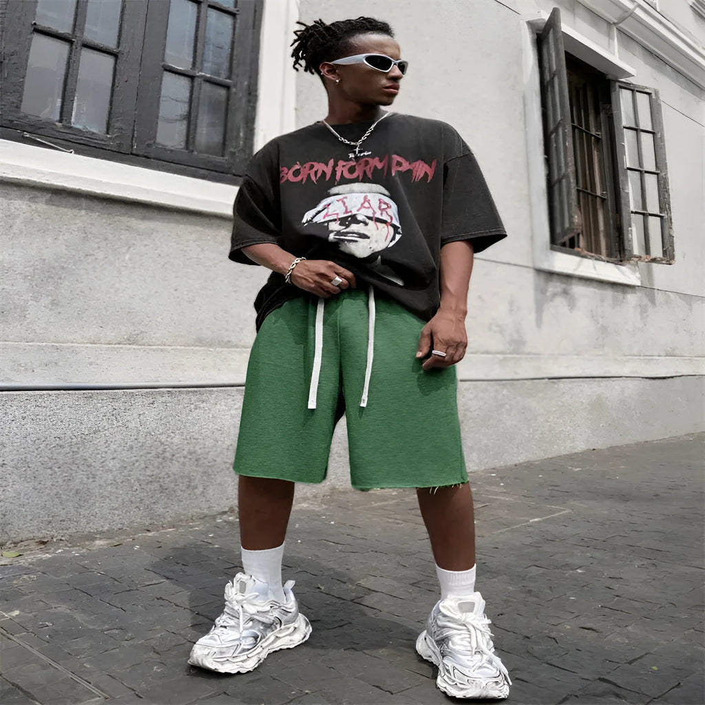 Men's straight-leg trousers in black, green, and light grey with medium length and hip-hop style
