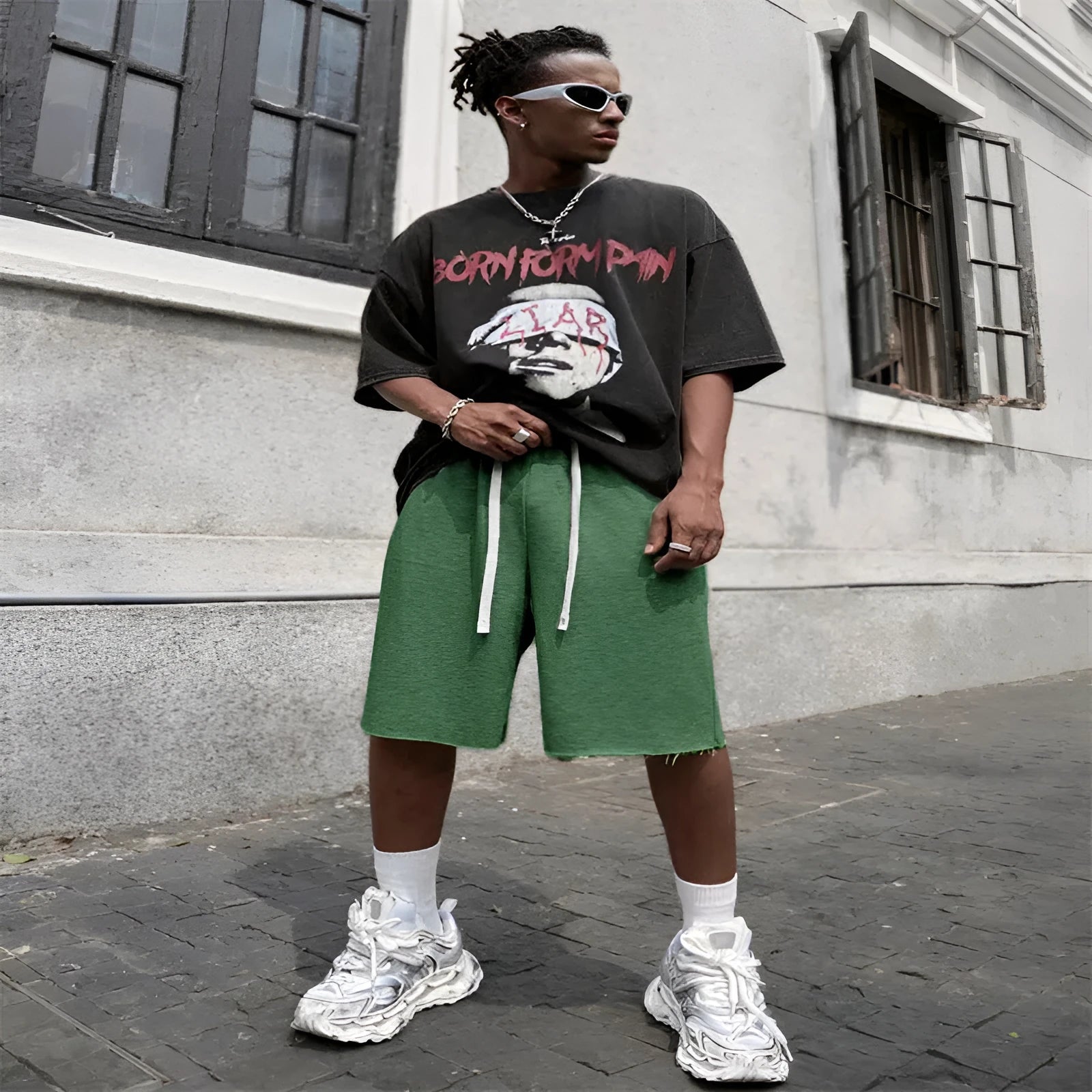 Men's straight-leg trousers in black, green, and light grey with medium length and hip-hop style