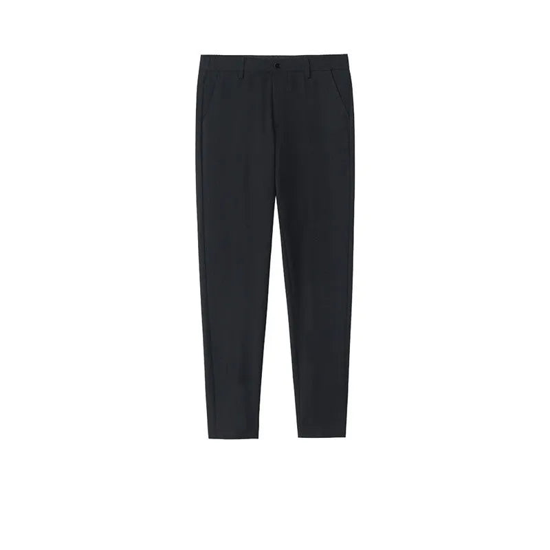 Men's Korean-style cotton straight-leg pants with drawstring waist in black, grey, or khaki