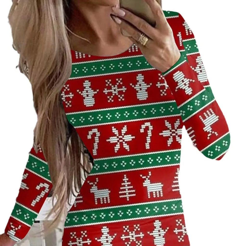 Christmas printed slim-fit dress with animal patterns and long sleeves in floral colour variant