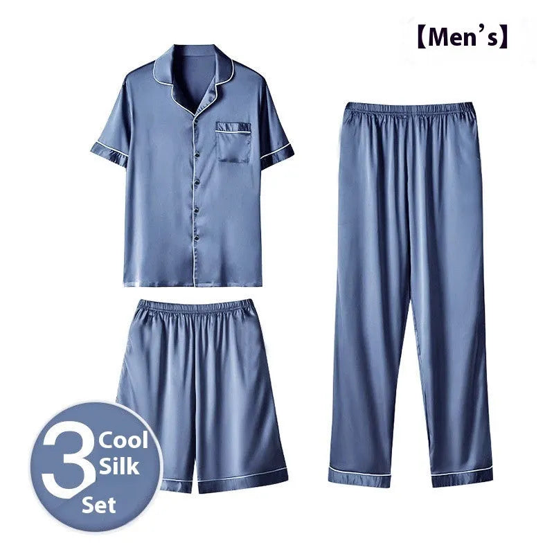 Men's ice silk three-piece home wear set shown in available colours, featuring thin fabric shorts and trousers.