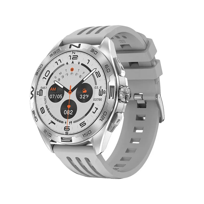 Black smartwatch on wrist displaying health stats, with options in silver, black steel, and silver steel finishes.