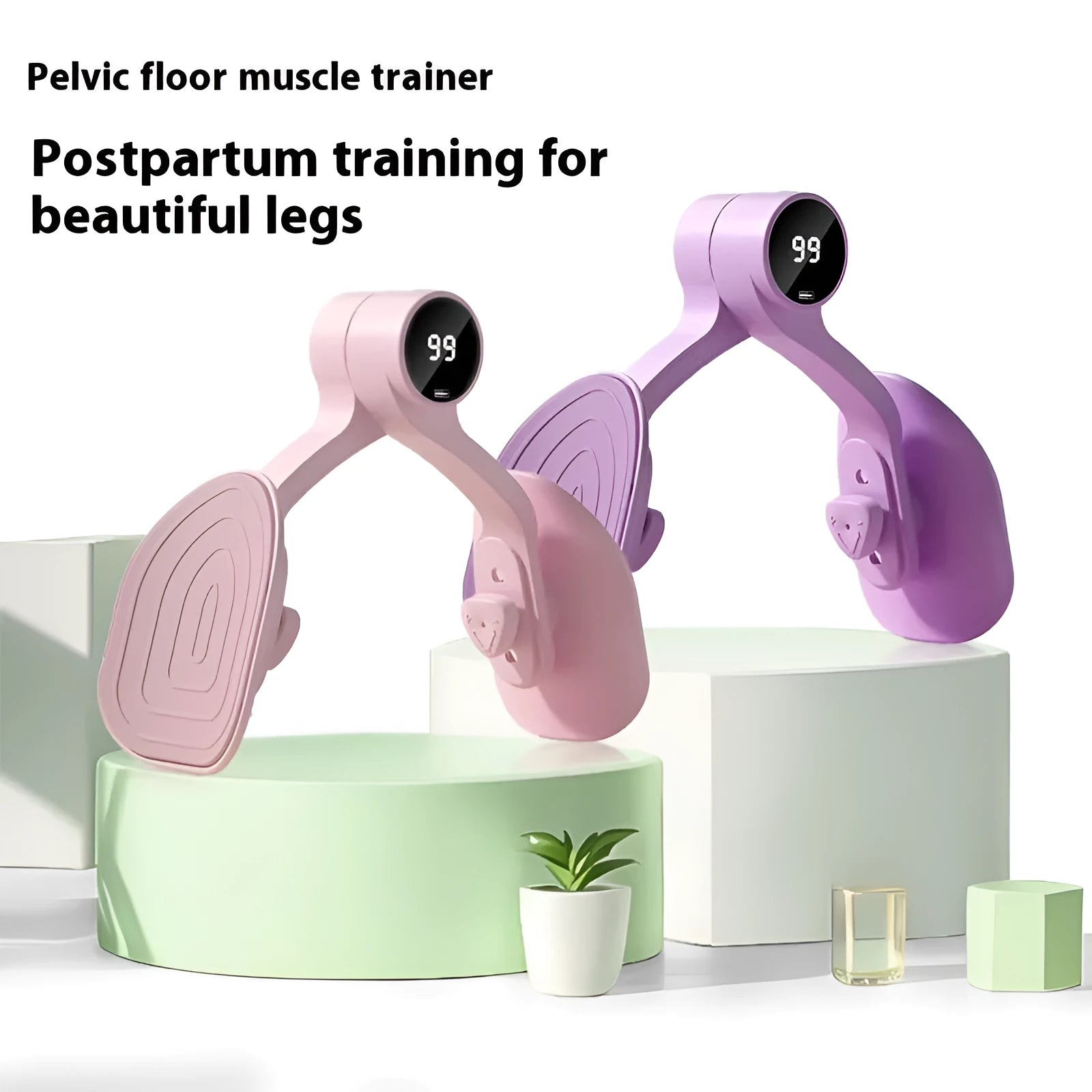 Pink and purple pelvic floor muscle trainer with rubber-coated handle and 3 resistance settings