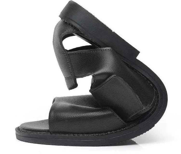 Men's black and brown casual leather sandals with open toe and rubber sole.