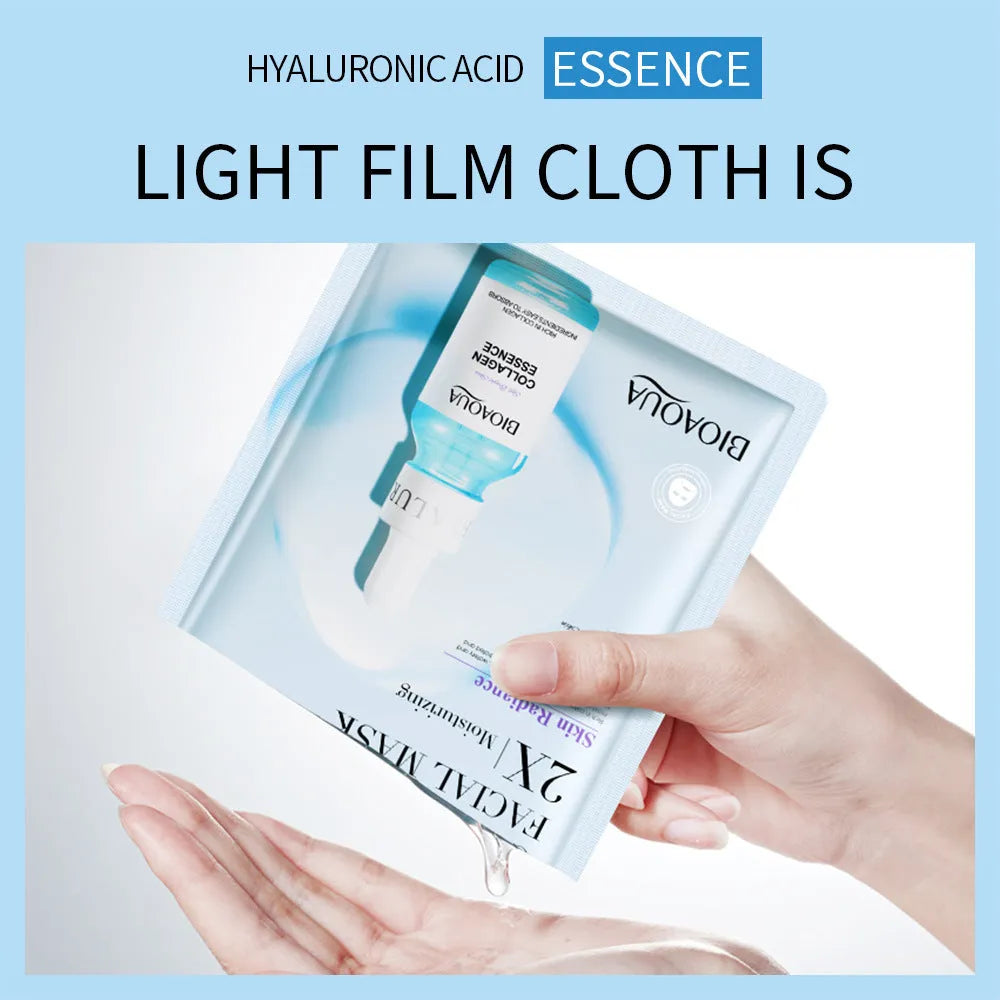 Single-use white gel facial sheet mask in a 30g sachet from a range including collagen and hyaluronic acid variants.