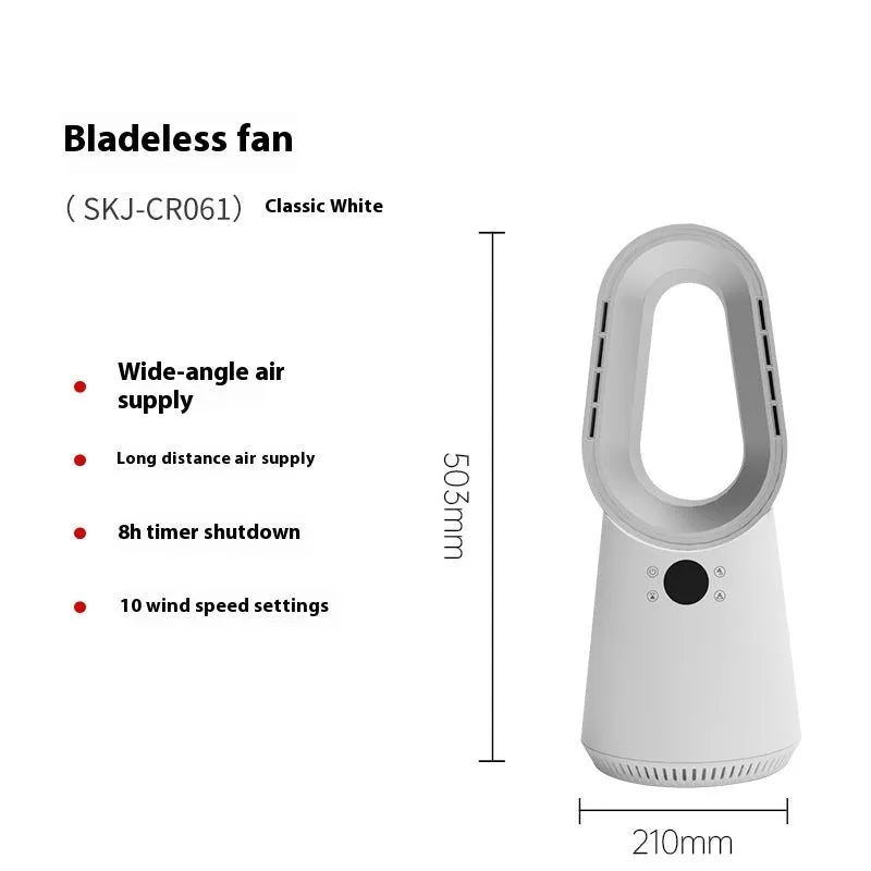 White SK bladeless tower fan with touch screen controls, suitable for floor or desktop use