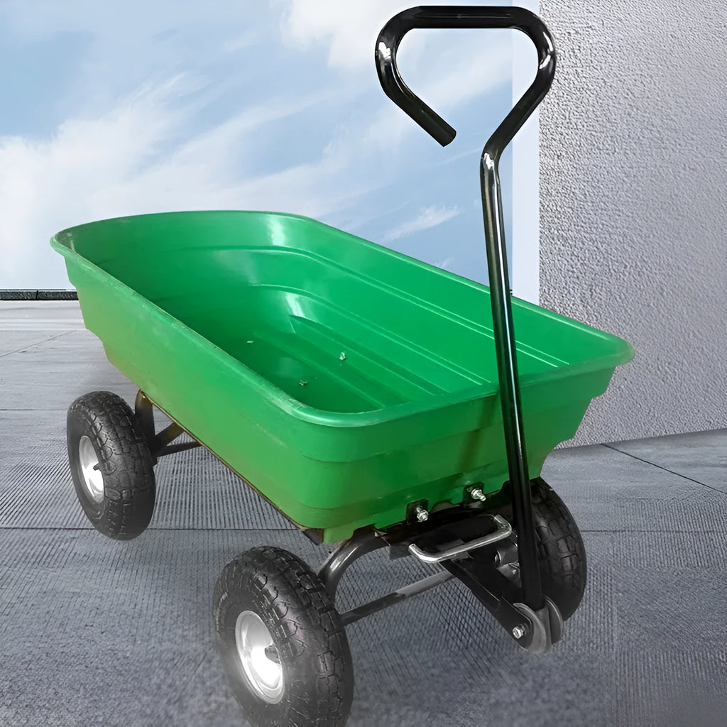Green four-wheel plastic dumptruck with steel PP construction and dumping bed