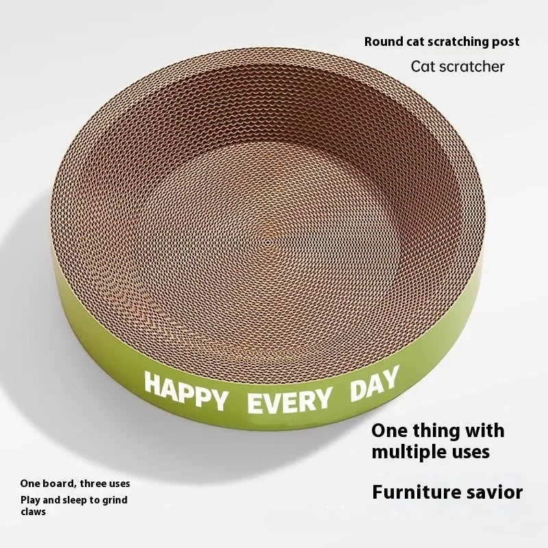 Green round reversible cat nest showing plush bedding side and textured sisal scratching side.