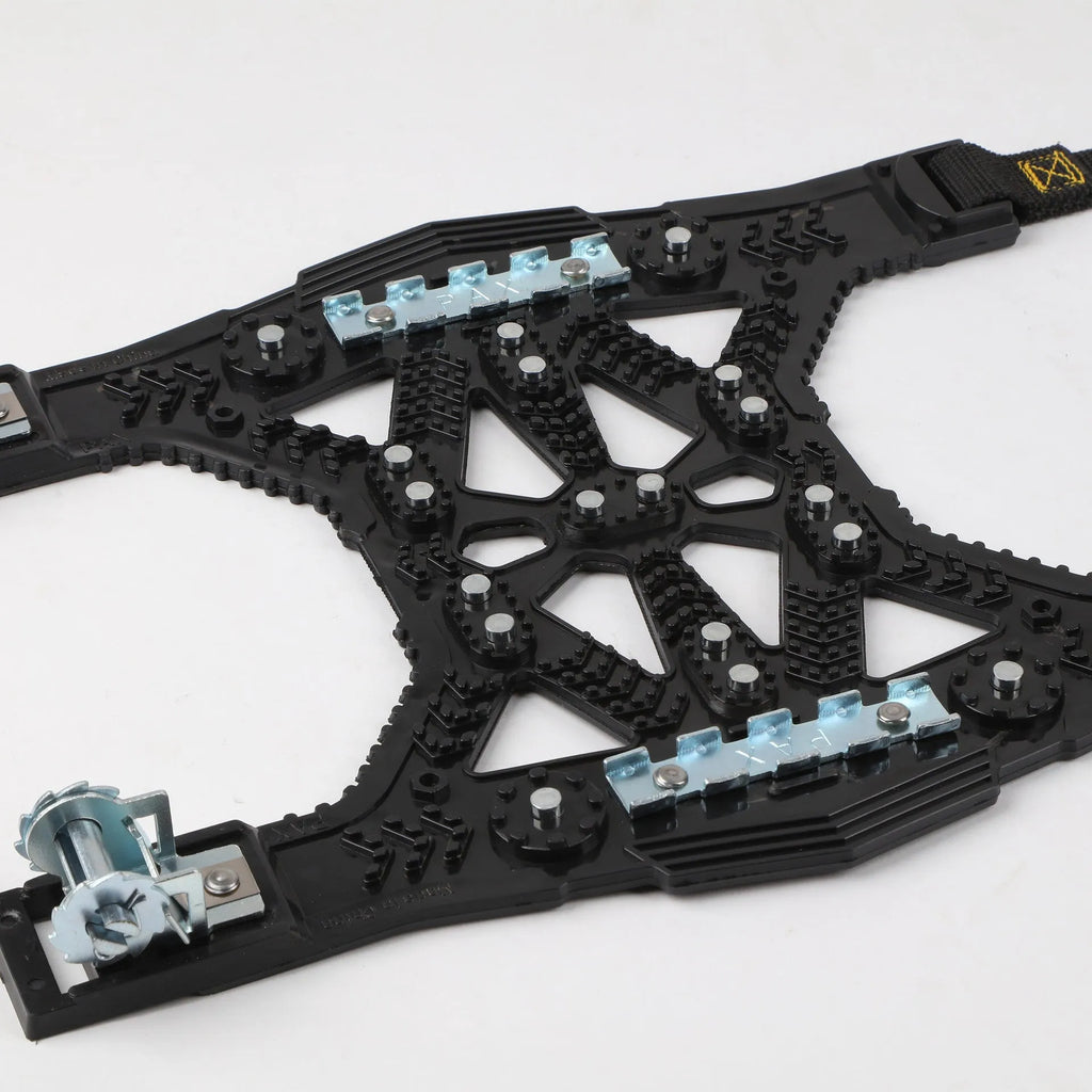 Universal car and SUV snow chains with steel gear links in black or yellow plastic casing with fitting tools