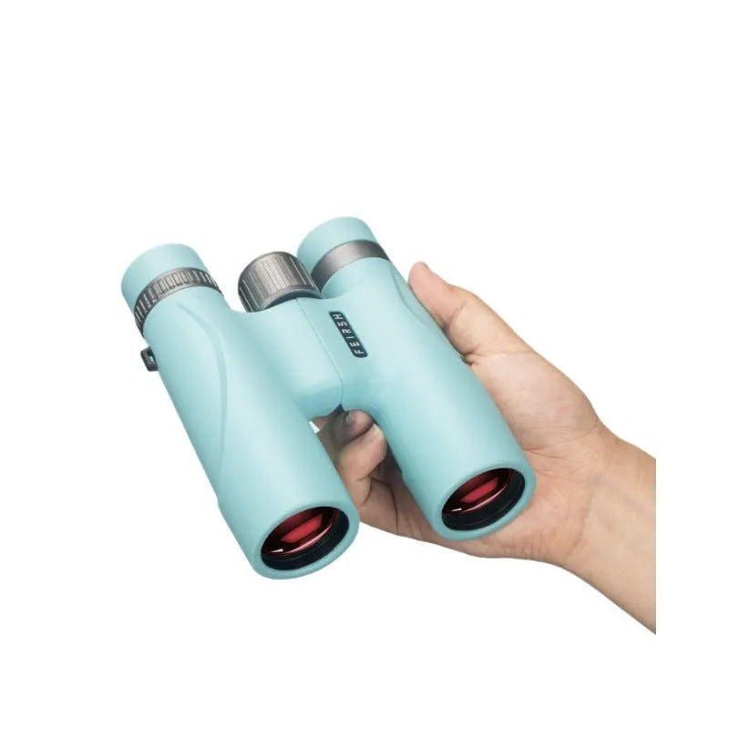 Compact blue binoculars with 10x32 magnification shown from multiple angles