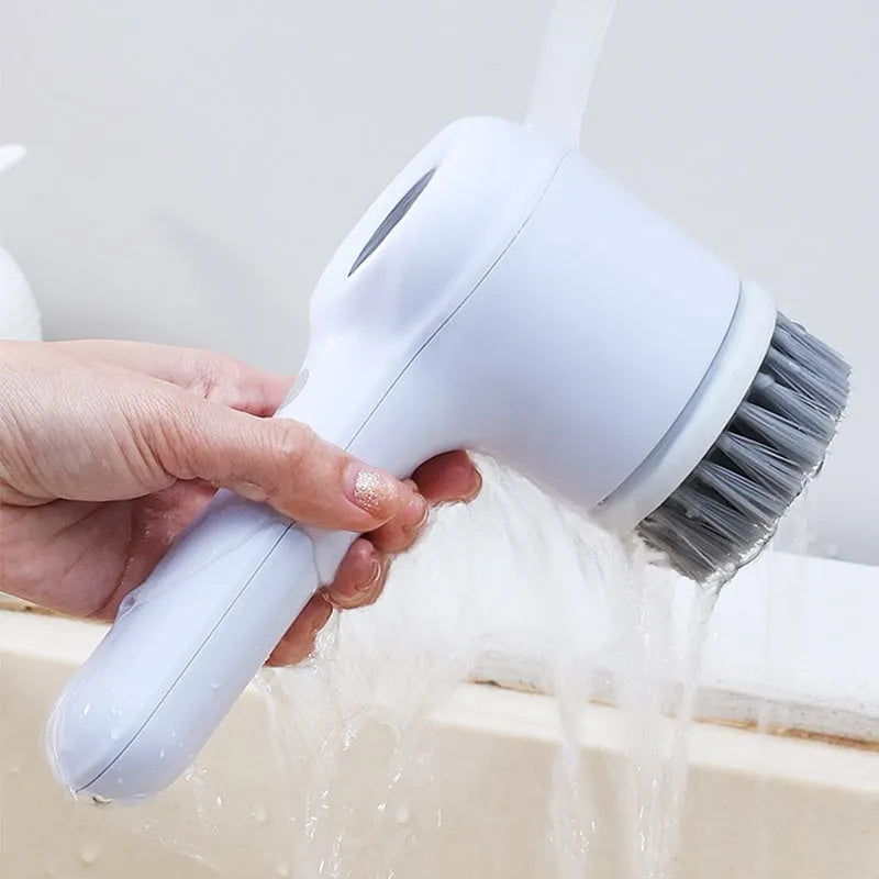 USB rechargeable electric cleaning brush in light grey or purple with multiple cleaning heads