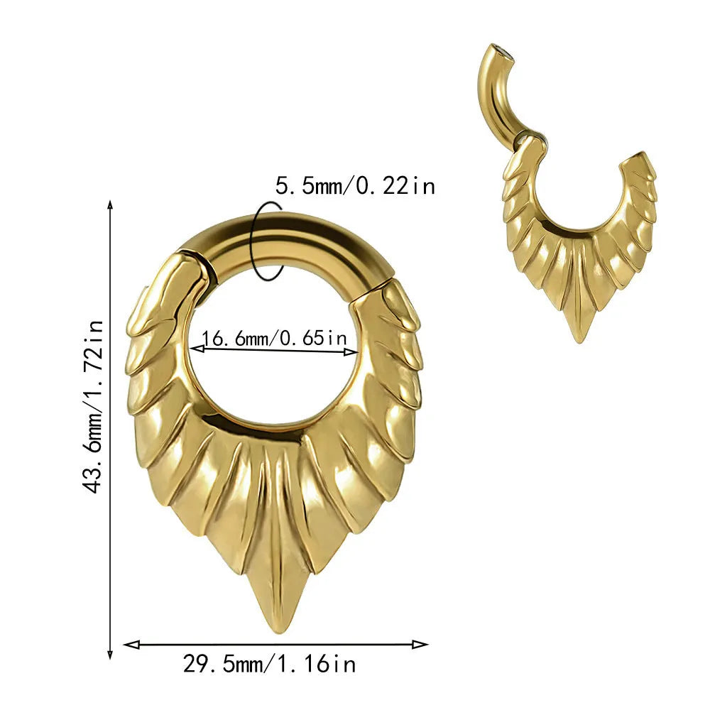 Stainless steel drop-shaped auricle ear extender with totem design for lobe stretching.