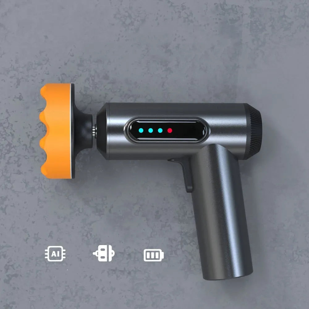 Cordless electric waxing and polishing machine with white body and black grip on a grey surface.