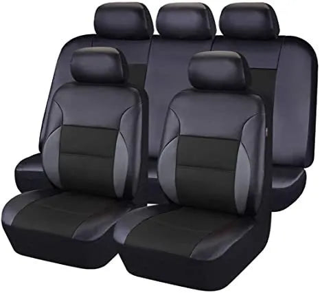 Artificial leather car seat covers with stitching in a 9-piece set for a 5-seater vehicle.