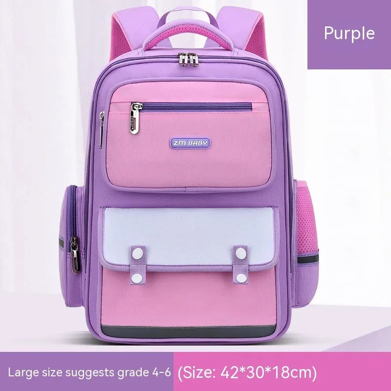 Primary school student schoolbag in Oxford cloth with burden alleviation, available in green, red, purple, and royal blue