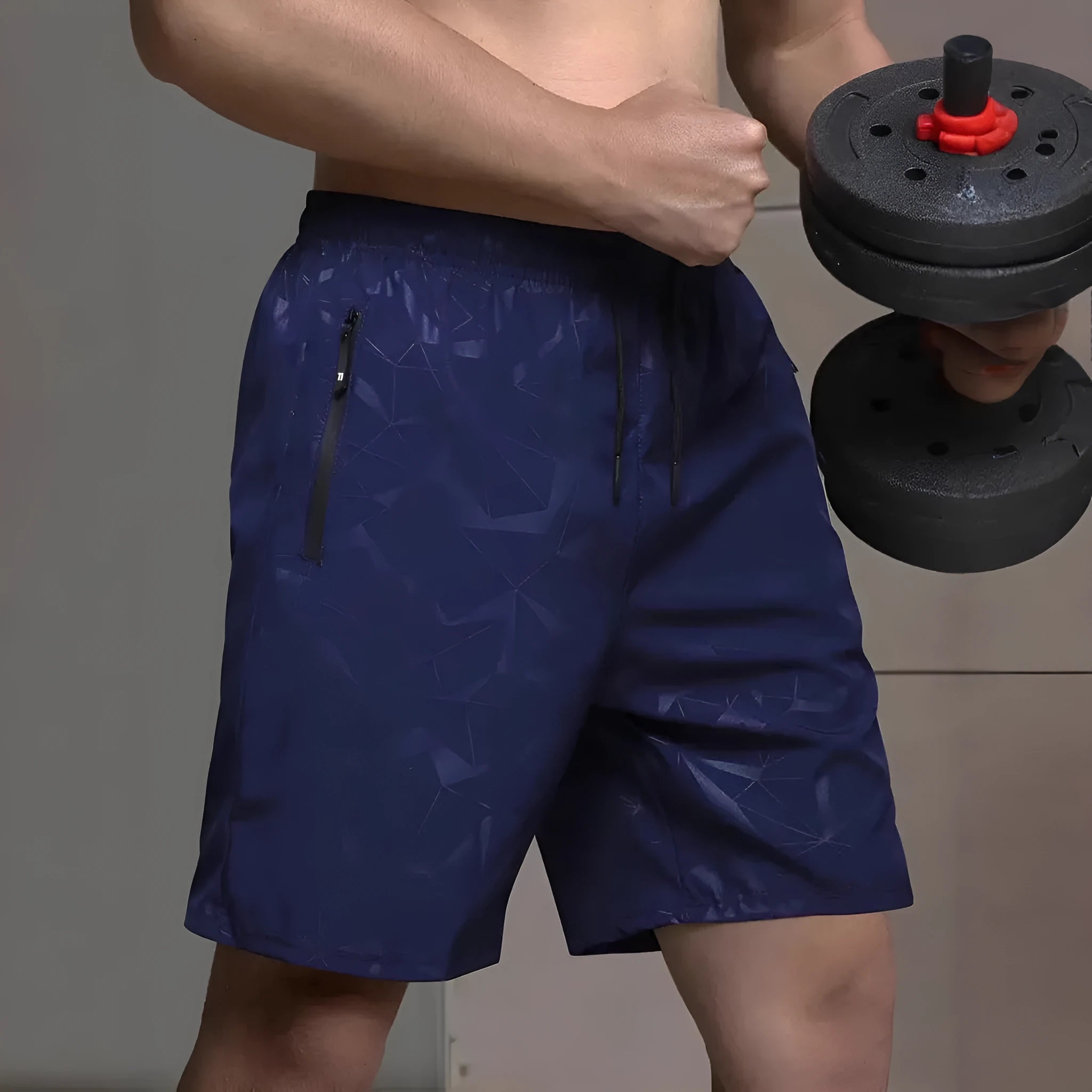 Men's loose-fit polyester sports shorts in blue colour showing elastic waistband and standard length cut