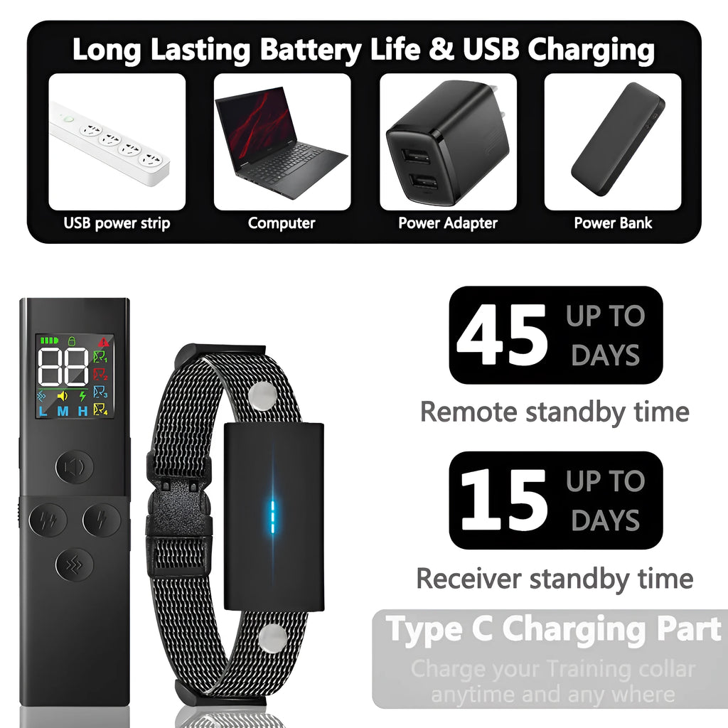 Black dog training collar with colour screen remote control and Type-C charging cable