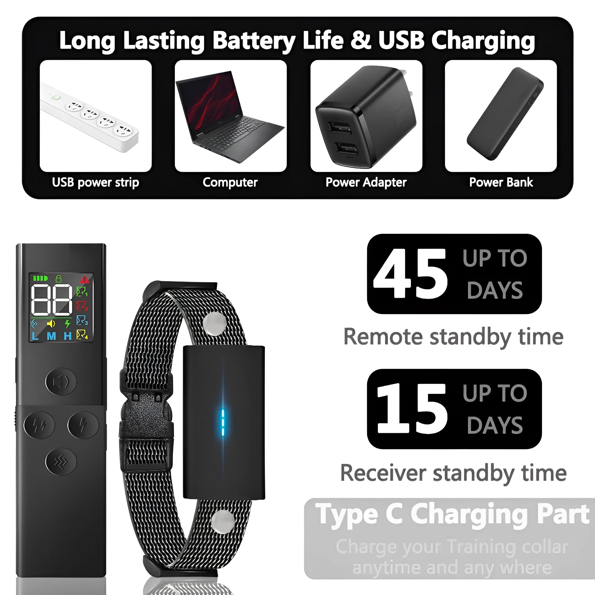 Black dog training collar with colour screen remote control and Type-C charging cable