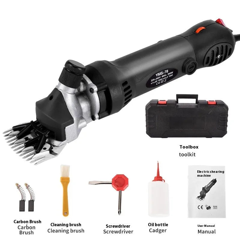 Yellow electric wool shearing unit with 13-tooth straight knife and full accessory kit including multiple blades and maintenance tools