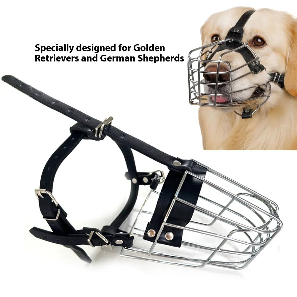 Black metal mesh dog muzzle designed for Golden Retrievers and German Shepherds on a grey background