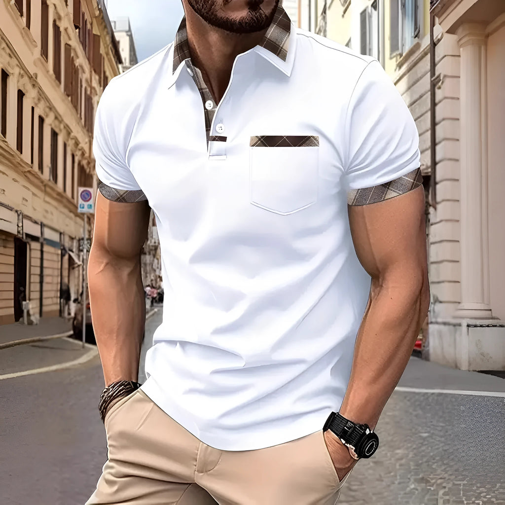 Men's short sleeve plaid colourblock t-shirt with a decorative zipper on the front.