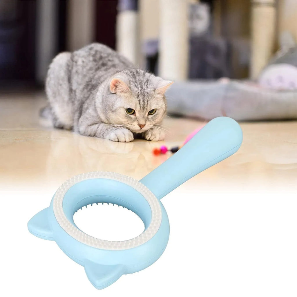 Double-sided pet grooming brush with blue handle showing deshedding comb and massage sides