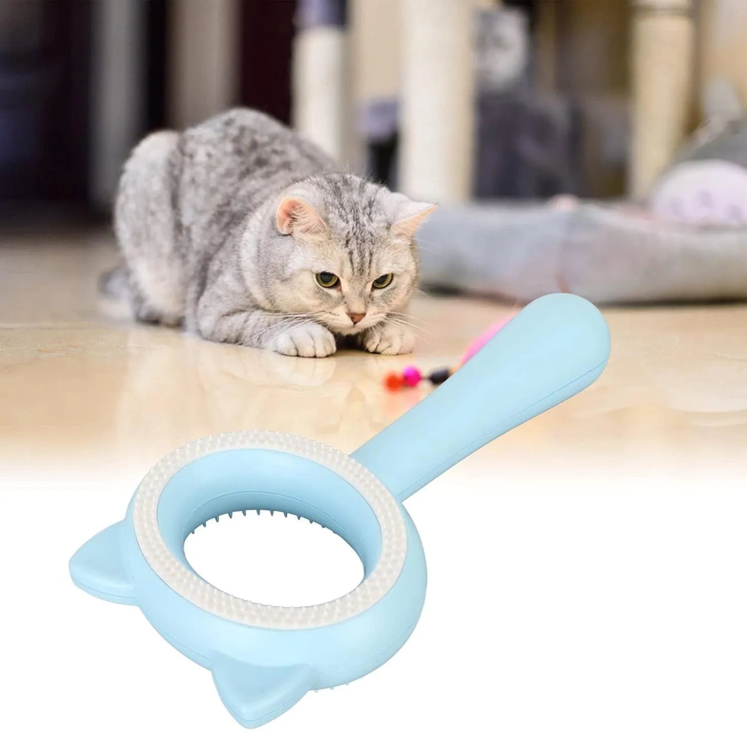 Double-sided pet grooming brush with blue handle showing deshedding comb and massage sides