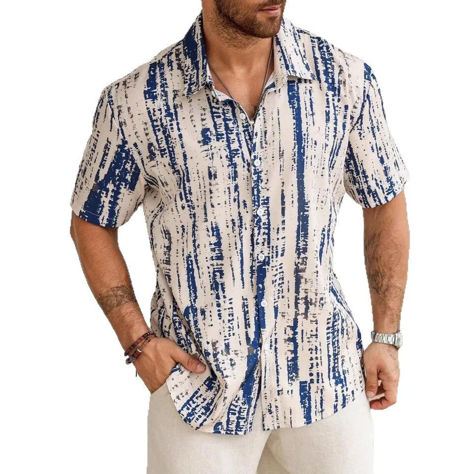 Man wearing a blue striped short sleeve casual shirt with a 3D printed pattern.