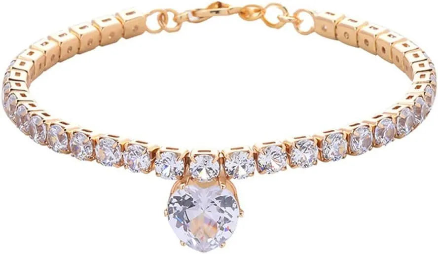 Gold rhinestone heart-shaped decorative collar for cat or dog on a white background.