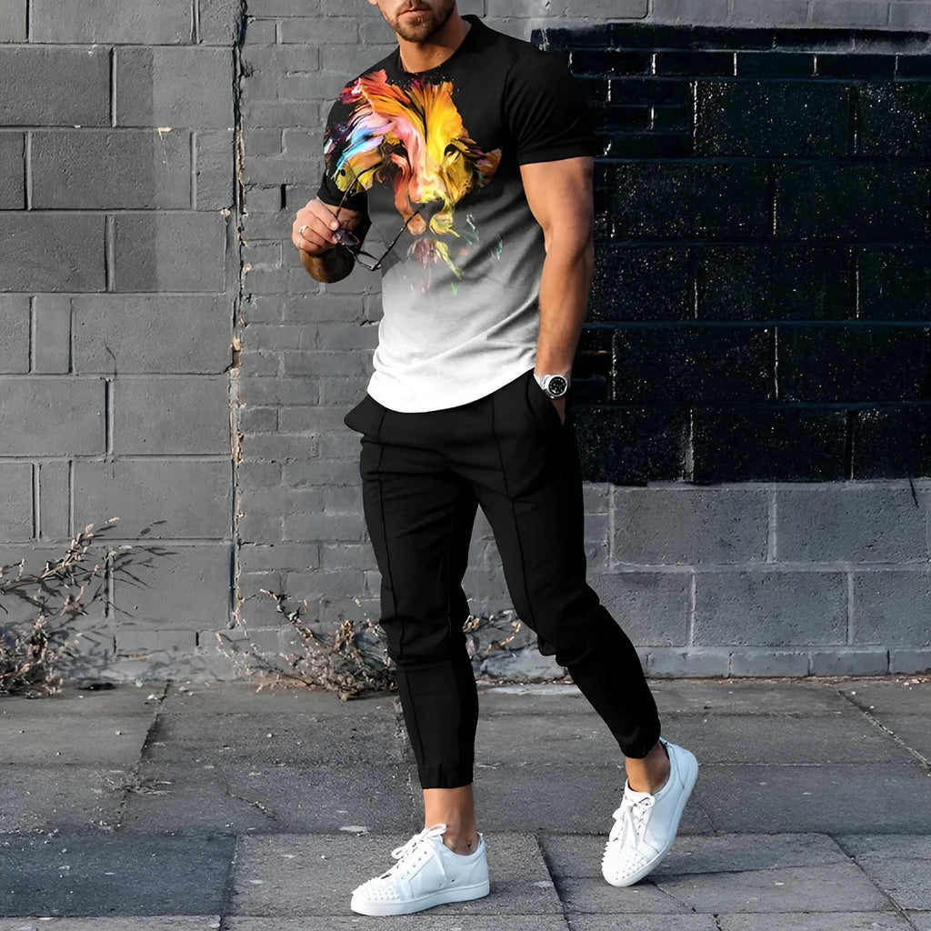 Man wearing a solid colour printed short-sleeve T-shirt and matching trousers from a sportswear set.