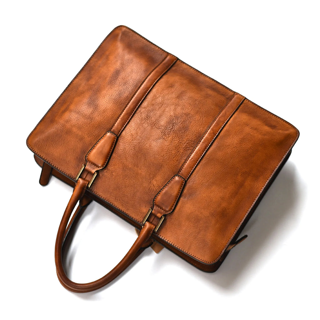 Men's black leather horizontal handbag with zipper opening showing 14-inch size.