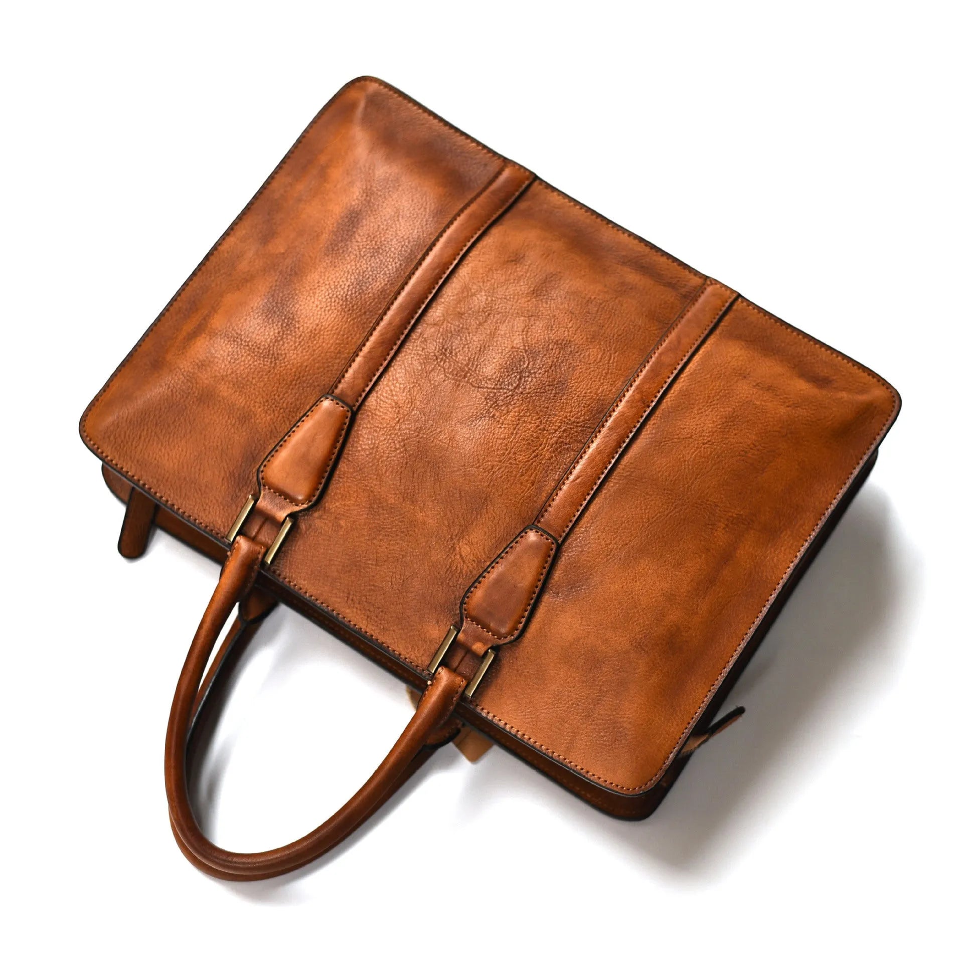 Men's black leather horizontal handbag with zipper opening showing 14-inch size.