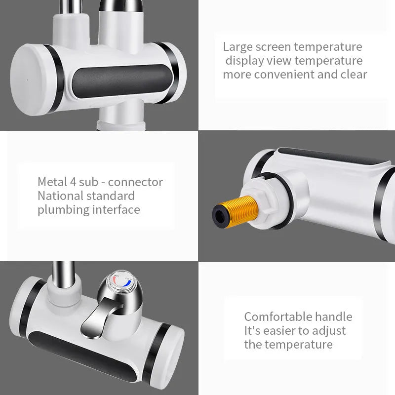 White kitchen electric water heater tap with digital temperature display and instant heating capability