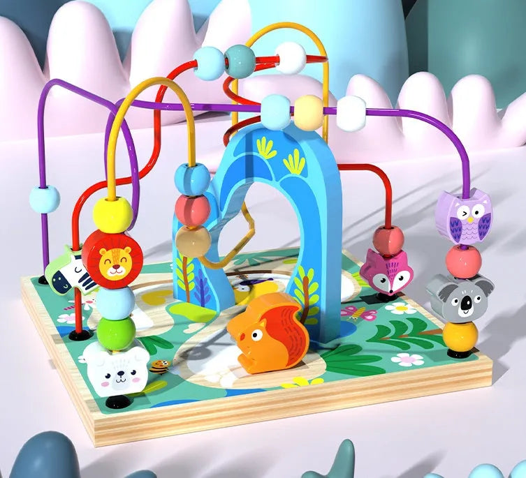 Blue wooden bead treasure box toy with multiple play scenes and bead runs, dimensions 23x23x32cm