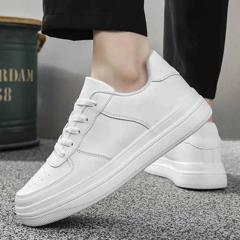 Men's plus size platform board shoes with leather upper, low top, flat heel, available in black