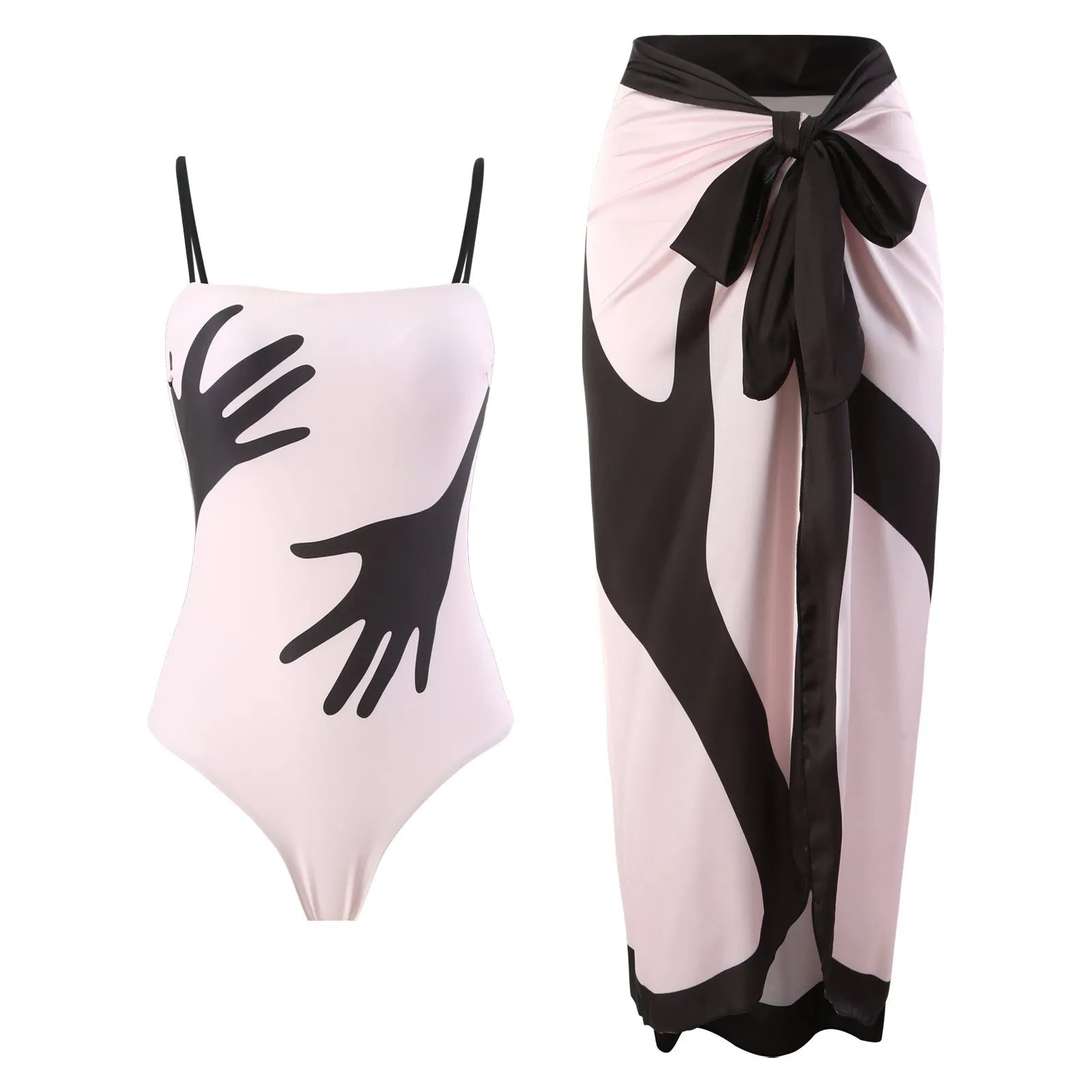 Women's patterned one-piece bikini with a matching lightweight tulle skirt.